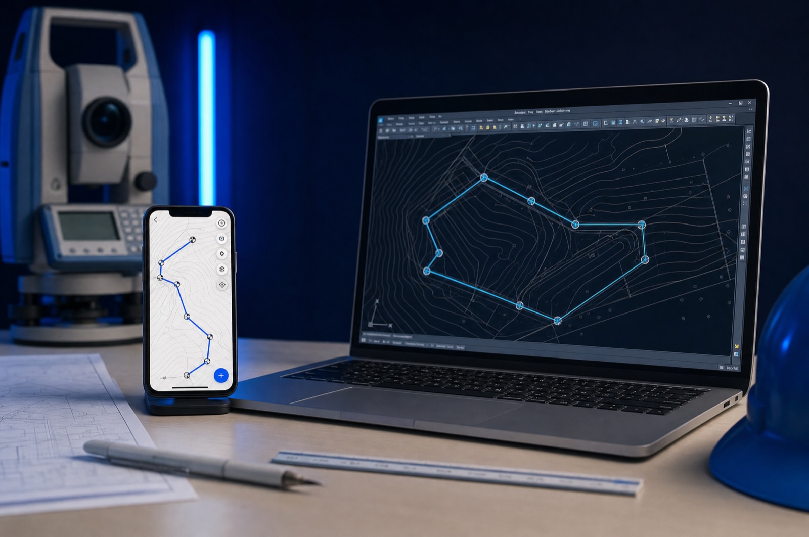 A survey traverse on a phone exported as DXF linework in CAD on a laptop