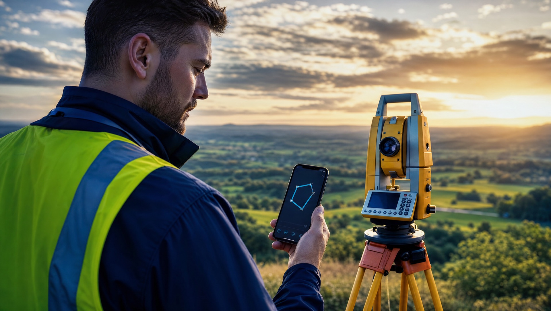 A land surveyor checks a closed traverse on COGO Survey Calculator beside a total station in an open field at golden hour