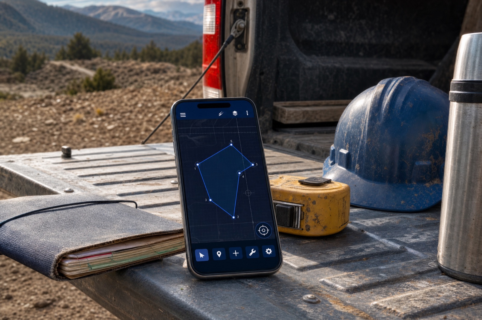 COGO Survey Calculator open on a phone resting on a pickup tailgate with survey gear in remote backcountry