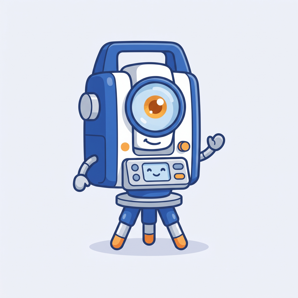 Theo, the COGO Survey Calculator mascot — a friendly total station